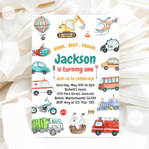 Transportation City Cars and Truck Boy Birthday Invitation