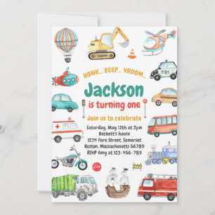 Transportation City Cars and Truck Boy Birthday Invitation