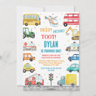 Transportation City Cars and Truck Boy Birthday Invitation