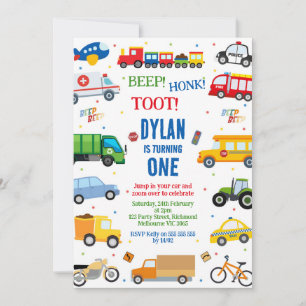 Transportation City Cars and Truck Boy Birthday Invitation