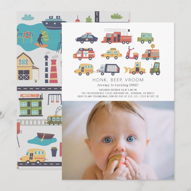 Transportation City Cars Trucks Photo 1st Birthday Invitation (Front/Back)