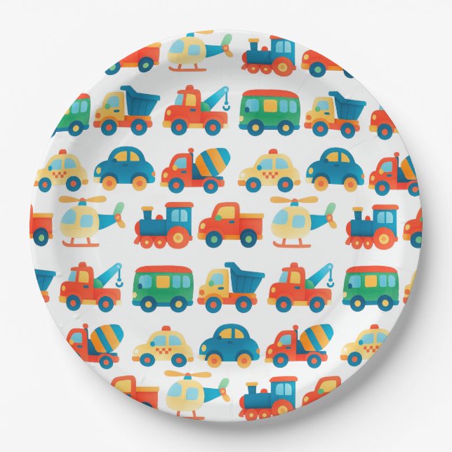 Transportation Cute Colourful Cars Trucks Birthday Paper Plate (Front)