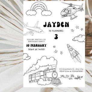 Transportation Line Art Boy’s 3rd Birthday Party Invitation