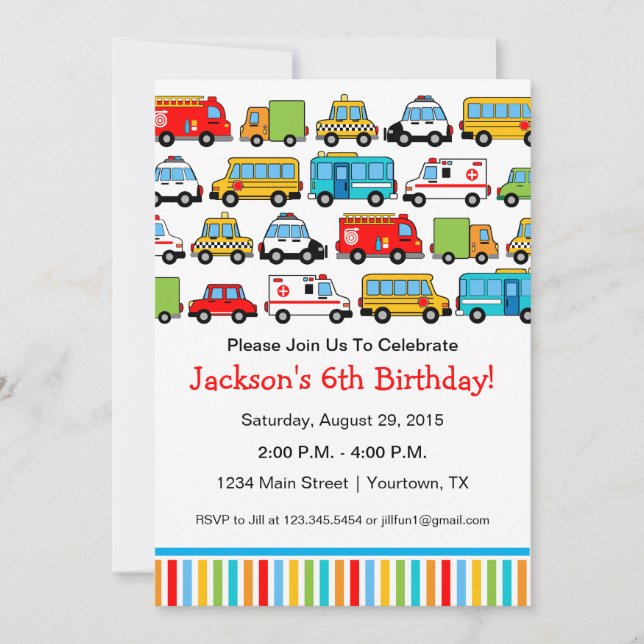 Transportation Theme Birthday Party Invitation (Front)