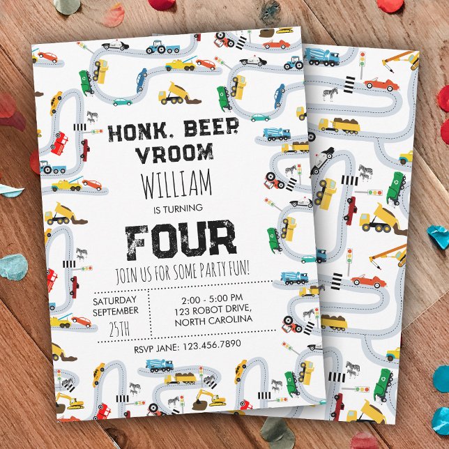Transportation Trucks Honk Beep Vroom Birthday Invitation (Transportation Trucks Honk Beep Vroom Birthday Invitation)