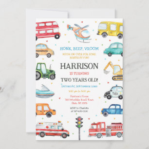 Transportation Vehicle Kids Birthday Invitation