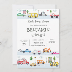 Transportation Vehicle Kids Birthday Invitation