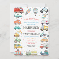 Transportation Vehicle Kids Birthday Invitation