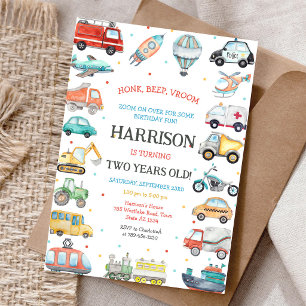 Transportation Vehicle Kids Birthday Invitation