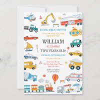 Transportation Vehicle Kids Birthday Invitation