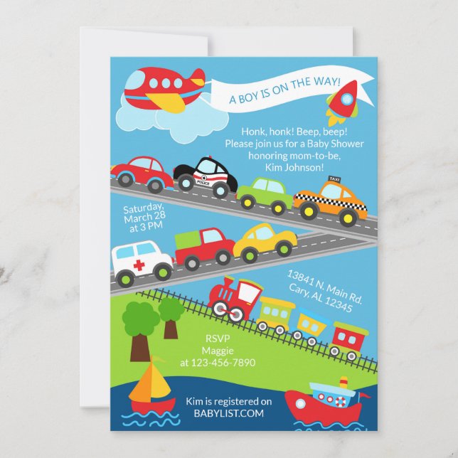 Transportation vehicles boy baby shower invite. invitation (Front)