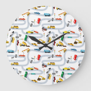 Transportation Vehicles Cars Trucks Road Boys Large Clock
