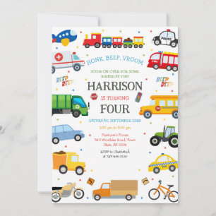 Transportation Vehicles Kids Birthday Invitation