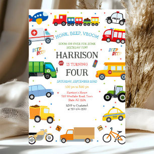 Transportation Vehicles Kids Birthday Invitation