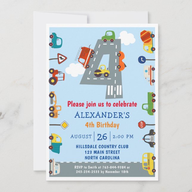 Transportations 4th Birthday Party Invitation (Front)