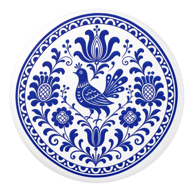 Transylvanian Korond Blue Folk Art Ceramic Knob (Front)