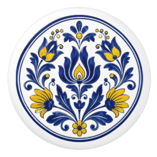 Transylvanian Korond Blue Yellow Folk Ceramic Knob
