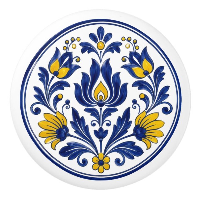 Transylvanian Korond Blue Yellow Folk Ceramic Knob (Front)