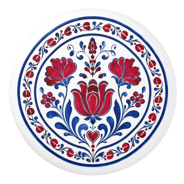 Transylvanian Korond Red Flowers Folk Ceramic Knob (Front)