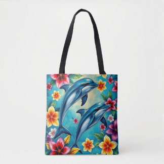 Trapical Floral Dolphins Aesthetic Lover Tote Bag