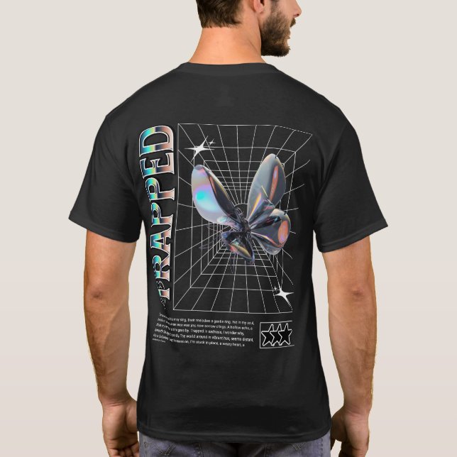 TRAPPED – Futuristic Butterfly Y2K Grid Art T-Shirt (Back)