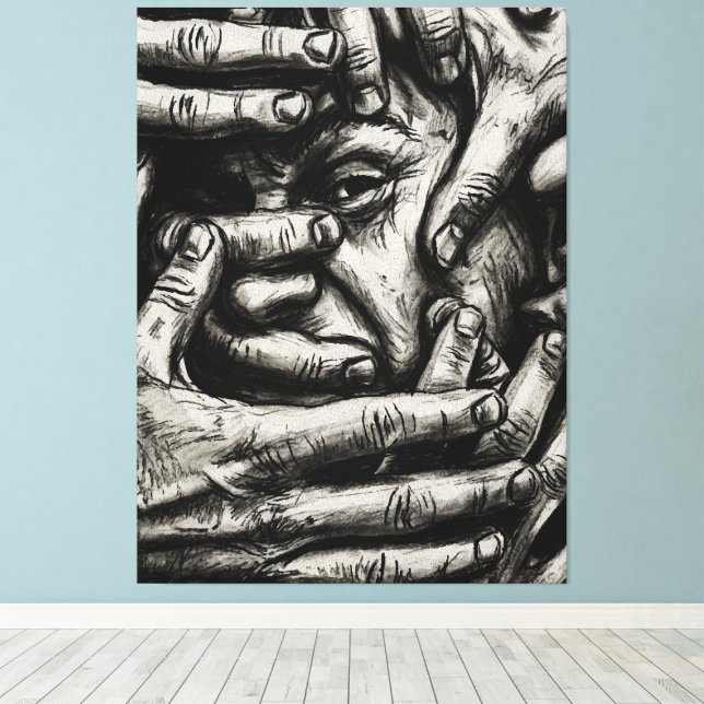 Trapped Thoughts – Charcoal Hands Black and White Canvas Print (Insitu(Wood Floor))