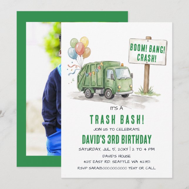 Trash Bash Garbage Truck Photo Birthday  Invitation (Front/Back)
