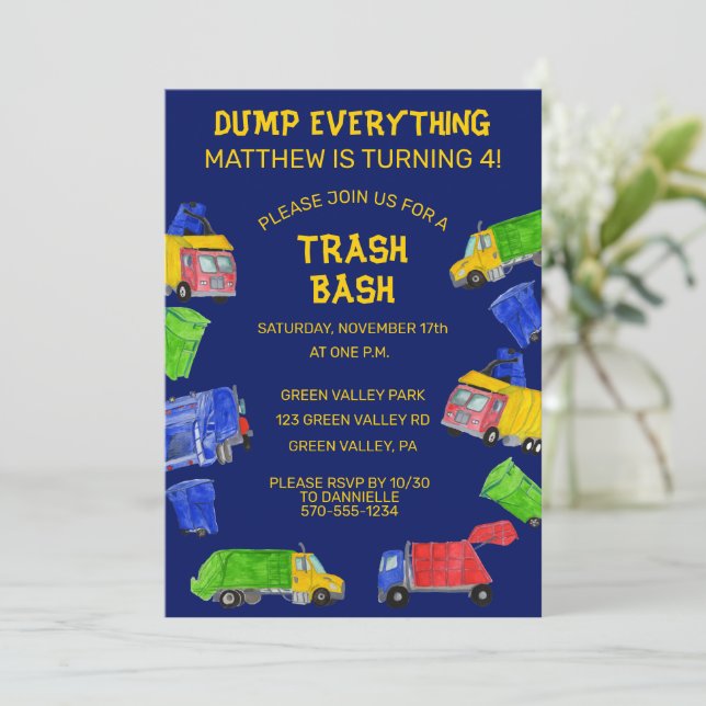 Trash Bash Garbage Trucks Boys Birthday Party Invitation (Standing Front)