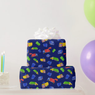 Trash Bash Garbage Trucks Patterned Blue Wrapping Paper