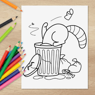 Trash Can Racoon Colouring Page Rubber Stamp