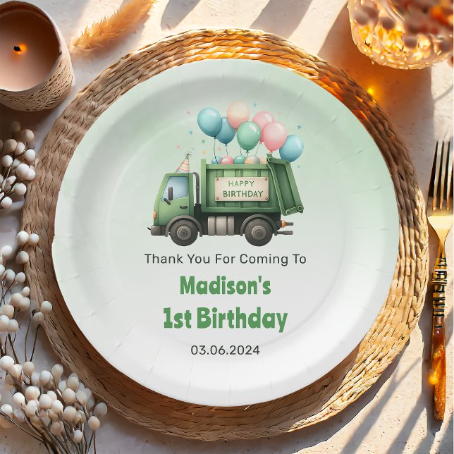 Trash Garbage Truck 1st Birthday Party Paper Plate (Creator Uploaded)