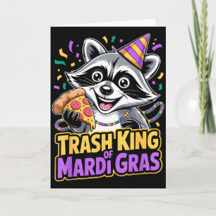 Trash King Raccoon Mardi Gras Pizza Party Funny Ca Card