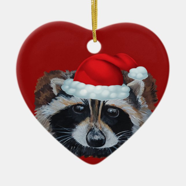 Trash Panda Racoon Santa Hat Ceramic Tree Decoration (Front)