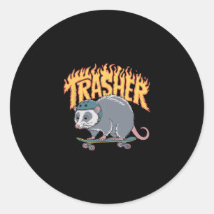 Trasher Skateboarding Opossum Helmet Flames Skate Classic Round Sticker