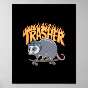 Trasher Skateboarding Opossum Helmet Flames Skate Poster