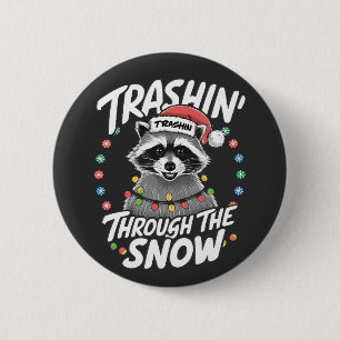 Trashing Through the Snow Funny Racoon Christmas 6 Cm Round Badge