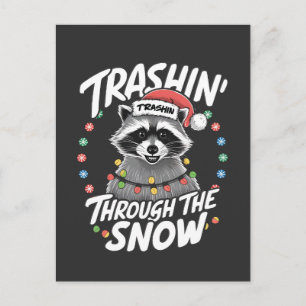 Trashing Through the Snow Funny Racoon Christmas Announcement Postcard