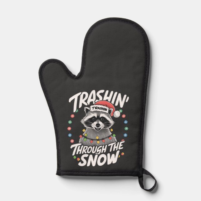 Trashing Through the Snow Funny Racoon Christmas Oven Mitt (Front)