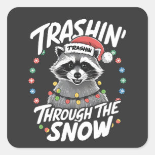 Trashing Through the Snow Funny Racoon Christmas Square Sticker