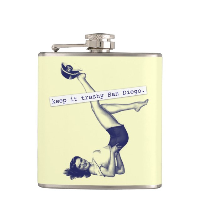 Trashy San Diego Retro PinUp Girl Hip Flask (Front)