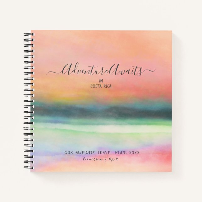 Travel Adventure Couple Pink Watercolor Square Notebook (Front)
