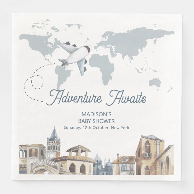 Travel Adventure World Map Airplane Baby Shower  Napkin (Front)