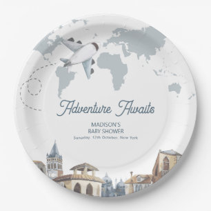 Travel Adventure World Map Airplane Baby Shower Paper Plate