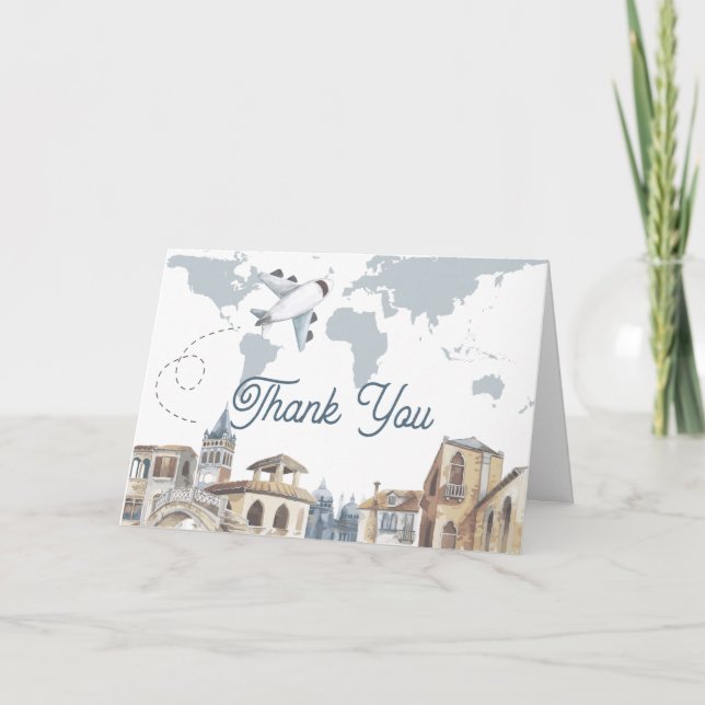 Travel Adventure World Map Airplane Baby Shower  Thank You Card (Front)