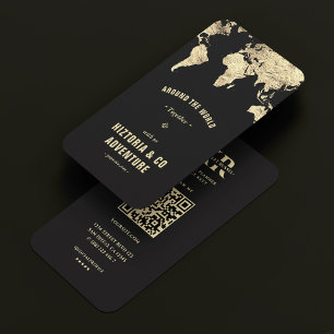 Travel Adventure World Map Black Gold Monogram Business Card