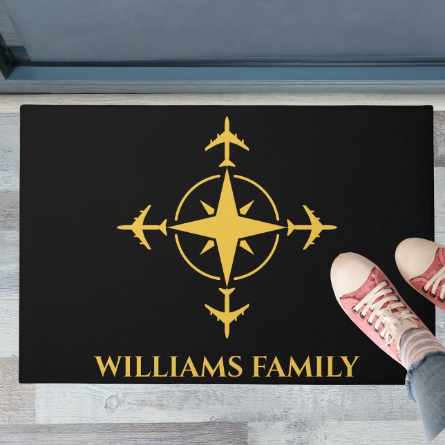 Travel Aeroplane Compass Aviation Black Gold Custo Doormat (Creator Uploaded)