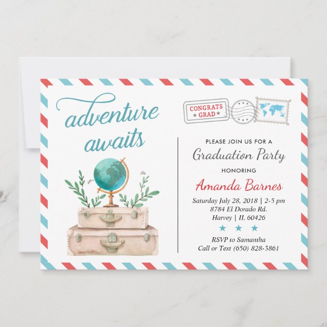 Travel Aeroplane Suitcases Graduation Grad Red Blu Invitation (Front)