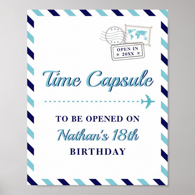 Travel Aeroplane Time Capsule Baby Boy 1st Birthda Poster (Front)