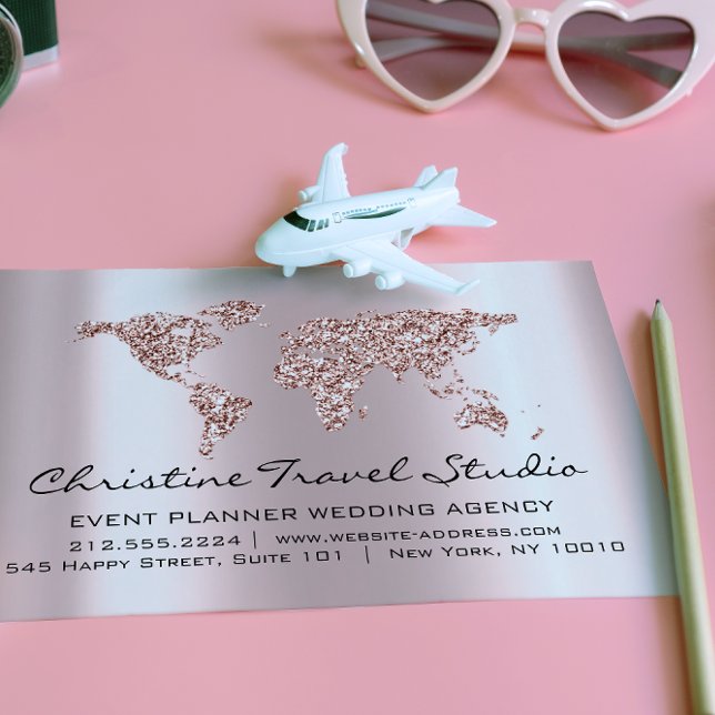 Travel Agency Earth Globe Rose Blush Glitter Business Card (Creator Uploaded)