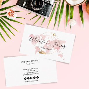 Travel Agency Travel Blog Pink World Map Cruise  Business Card